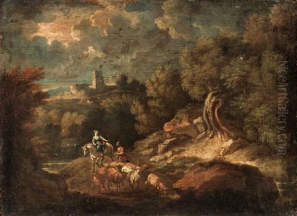 Italianate Landscape With A Drover And Their Animals Beside A River, A Hill Top Town Beyond - view 1