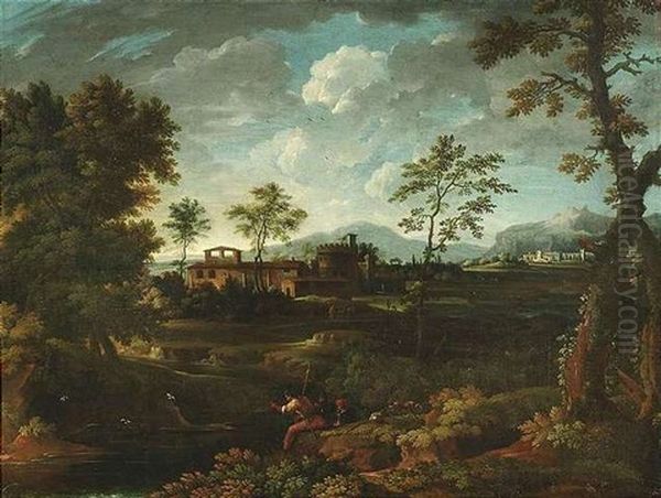 Baumreiche Italienische Landschaft Mit Rastenden Soldaten An Einem Flusufer Und Einem Kastell Im Hintergrund - view 1