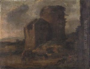 Rastende Hirten Vor Einem Zerfallendem Kastell In Italienischer Landschaft