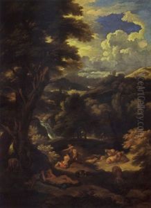 A Pastoral Landscape With Shepherds And Their Sheep Resting, A Waterfall Beyond by Pieter Mulier the Younger