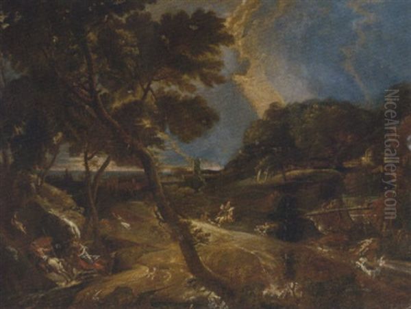 An Extensive Landscape With A Stag Hunt - view 1
