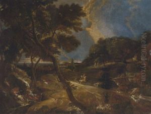 An Extensive Landscape With A Stag Hunt