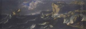 A Shipwreck And A Man O' War Off A Rocky Coastline In Stormy Waters