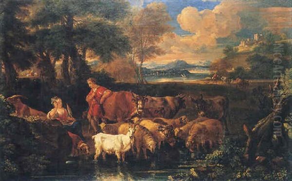 An Arcadian Landscape With A Shepherd And Shepherdess With Their Flocks Beside A Stream - view 1