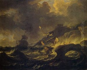 Tempesta Sulla Costa Con Naufragio Di Galeone Presso Un Arco Naturale Tempesta Sulla Costa Con Naufragio Di Galeone Presso Un Arco Naturale