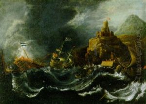 Vascelli In Burrasca Presso Una Costa Mediterranea by Pieter Mulier the Younger