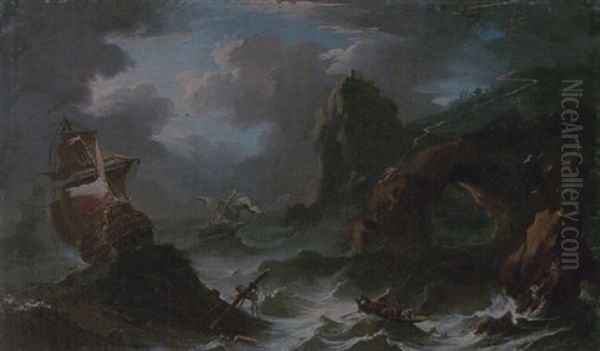 A Coastal Landscape With Shipping In A Storm, Figures Shipwrecked In The Foreground - view 1