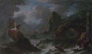 A Coastal Landscape With Shipping In A Storm, Figures Shipwrecked In The Foreground by Pieter Mulier the Younger