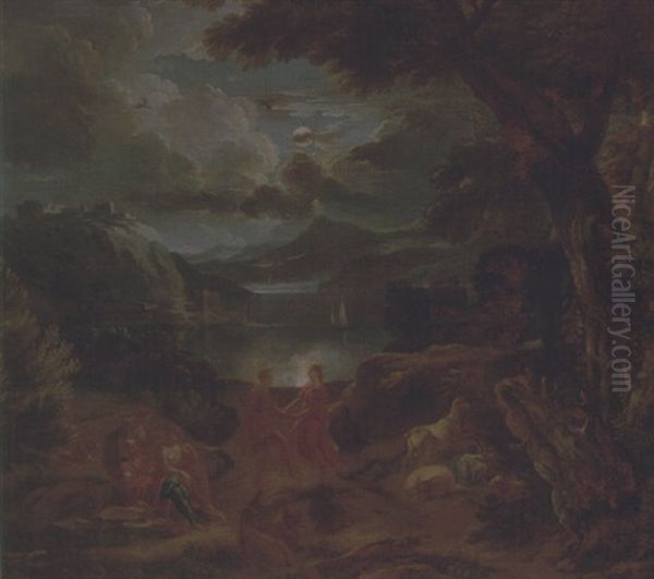 A Pastoral Scene With Shepherds And Nymphs Dancing In The Moonlight By The Edge Of A Lake by Pieter Mulier the Younger