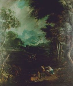 A Wooded River Landscape With Peasants And Farm Animals Fleeting From An Oncoming Storm by Pieter Mulier the Younger
