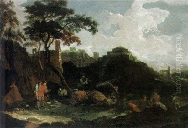 Sudliche Landschaft Mit Herde, Hirten Und Rastenden Bauern Vor Einer Festung Und Ruinenturm - view 1