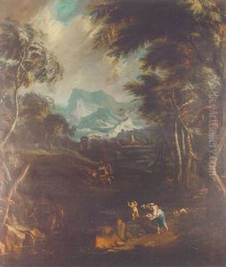 A Wooded River Landscape With Peasants And Farm Animals Fleeing From An Oncoming Storm