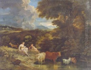 A Wooded Landscape At Sunset With Shepherdesses By A Stream by Pieter Mulier the Younger