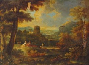 An Italianate Landscape With Shepherds Resting On A River Bank