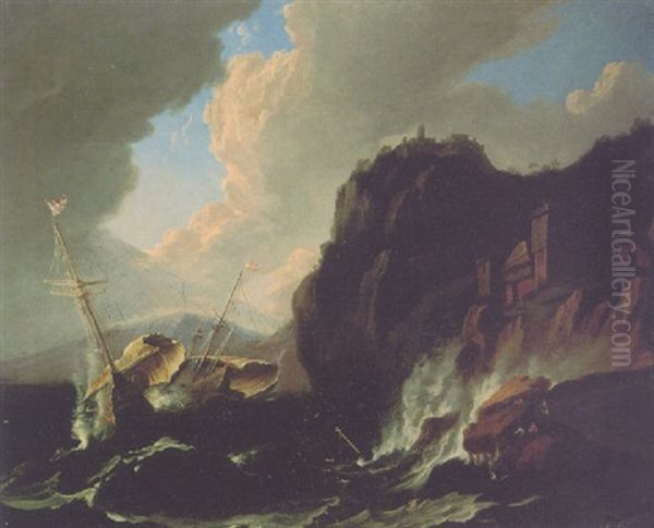 Men O'war In Stormy Waters Off A Rocky Coastline - view 1