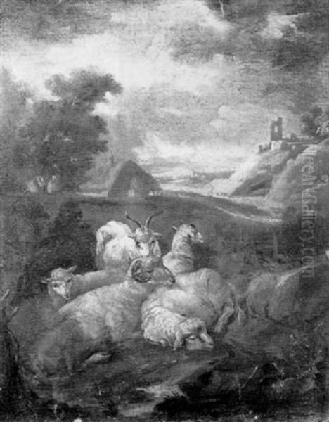 An Italianate Landscape With Goats And Sheep Resting In The Foreground - view 1