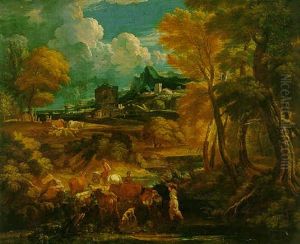 An Italianate Wooded Landscape With Shepherds And Their Cattle Forging A River by Pieter Mulier the Younger