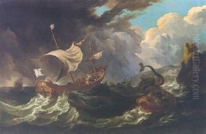 A Shipping Scene On Choppy Seas With Jonah And The Wale