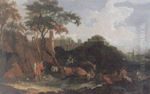 Sudliche Landschaft Mit Herde, Hirten Und Rastenden Bauern Vor Einer Festung Und Ruine Sudliche Landschaft Mit Herde, Hirten Und Rastenden Bauern Vor Einer Festung Und Ruine