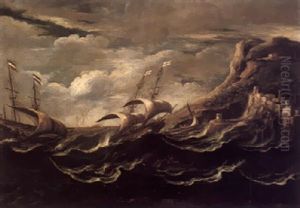 A Rocky Coastal Landscape With Ships Sailing On Stormy Seas