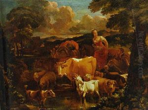 A Stormy Landscape With Travellers, A Packmule And Livestock Fording A Stream by Pieter Mulier the Younger