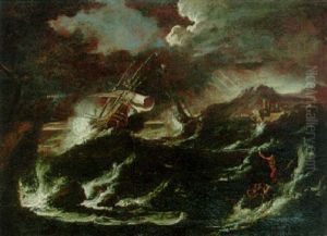Warships Foundering Off A Rocky Shore In A Storm by Pieter Mulier the Younger