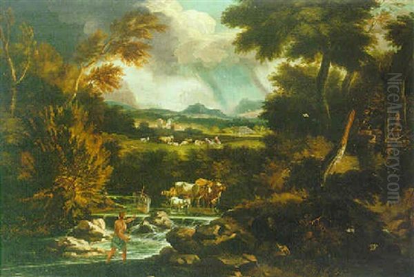 Wooded River Landscape With A Fisherman, Mountains Beyond - view 1