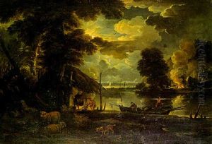 A Moonlight Landscape With Figures By A Campfire And Fishermen On A Lake by Pieter Mulier the Younger