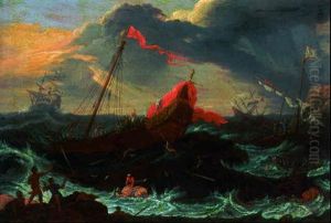 A Galleon And Other Shipping In Distress Off A Rocky Coast With Castaways On An Outcrop