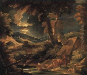 A Moonlit River Landscape With A Herdsman Sleeping By His Flock