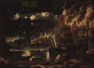 A Moonlit Mediterranean Harbour With A Town Burning Beyond