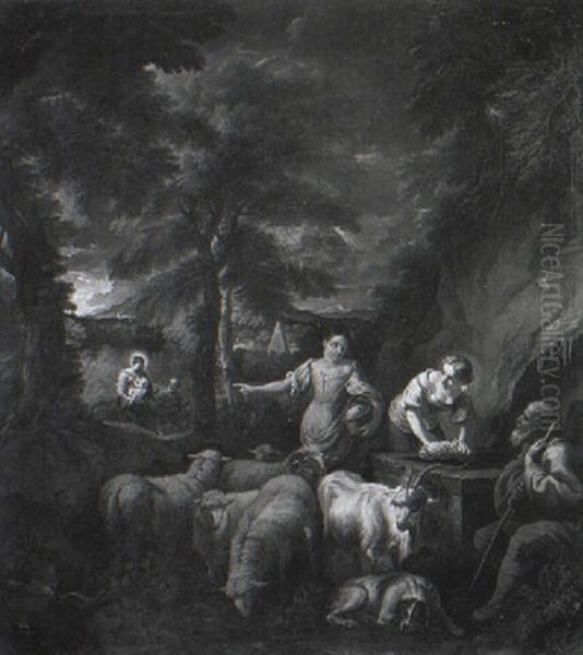 Herdsman And Two Washerwomen At A Fountain In A Wooded Landscape - view 1