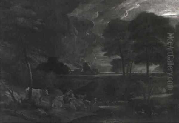 River Landscape With Amorous Shephers By Their Flock Under Moonlit Skies - view 1