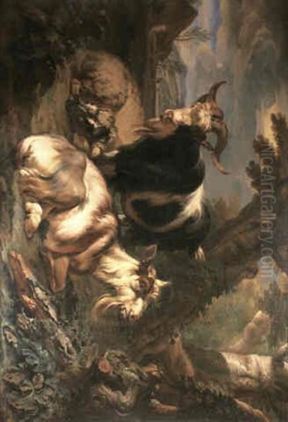 Two Goats And A Sheep Resting In The Shade Of A Tree Before A Classical Landscape - view 1