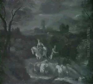 A Shepherd And Shepherdess With Their Flock In A Mountainouslandscape, A Castle In The Distance A Shepherd And Shepherdess With Their Flock In A Mountainouslandscape, A Castle In The Distance