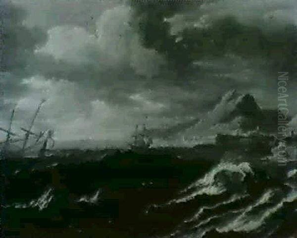 Shipping In Choppy Seas Off The Coast. In A Carved Wood Frame. - view 1