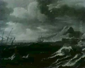 Shipping In Choppy Seas Off The Coast. In A Carved Wood     Frame.