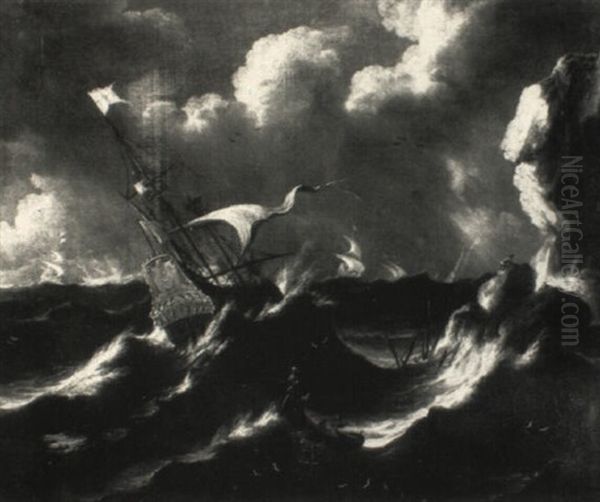 A Man-of-war In A Storm Off Rocks With A Shipwreck And Survivors - view 1