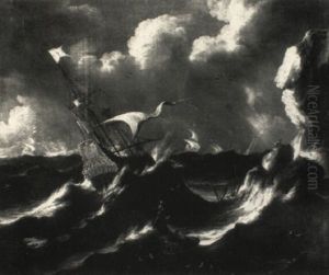 A Man-of-war In A Storm Off Rocks With A Shipwreck And Survivors