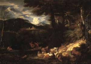Pan And Syrinx In A Southern Landscape, With Sheep And Goats In The Foreground by Pieter Mulier the Younger