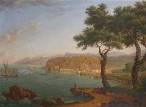 A Coastal Landscape With An Angler On The Shore, Fishing Boats And Other Vessels On The Water, And The Harbour Of Tropea (calabria) Beyond by Johann Jacob Mueller de Riga