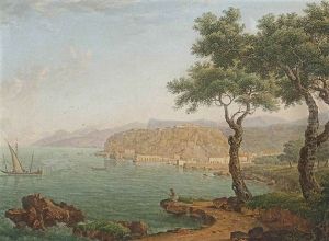 A Coastal Landscape, With An Angler On The Shore, Fishing Boats And Other Vessels On The Water, The Town Of Tropea Beyond by Johann Jacob Mueller de Riga