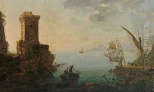 Italienische Kustenlandschaft Mit Wehrturm, Hafen Und Booten