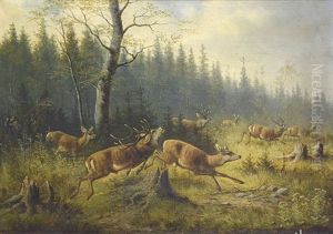 Fluchtendes Rotwild Auf Einer Lichtung, Links Ein Mann Mit Erhobener Hand by Moritz Mueller the Elder
