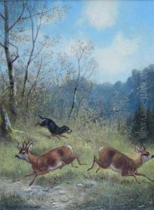 Dackel Jagt Rehe An Einem Sonnigen Fruhlingstag by Moritz Mueller the Elder