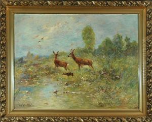 Rehe Mit Kitz Am Teich In Moorlandschaft by Moritz Mueller the Elder
