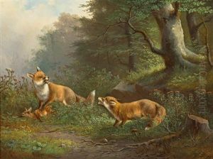 Zwei Fuchse Mit Rehkitz Vor Waldhintergrund by Moritz Mueller the Elder