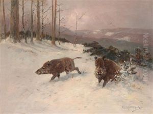 Wildschweine Im Winterwald by Moritz Mueller the Elder