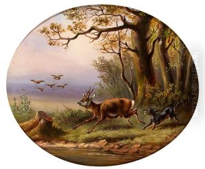 Morgendliche Waldlandlandschaft; Jagdhund Jagt Einen Rehbock Morgendliche Waldlandlandschaft; Jagdhund Jagt Einen Rehbock