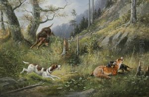 Gefangen. Jagdhunde Stellen Einen Fuchs by Moritz Mueller the Elder